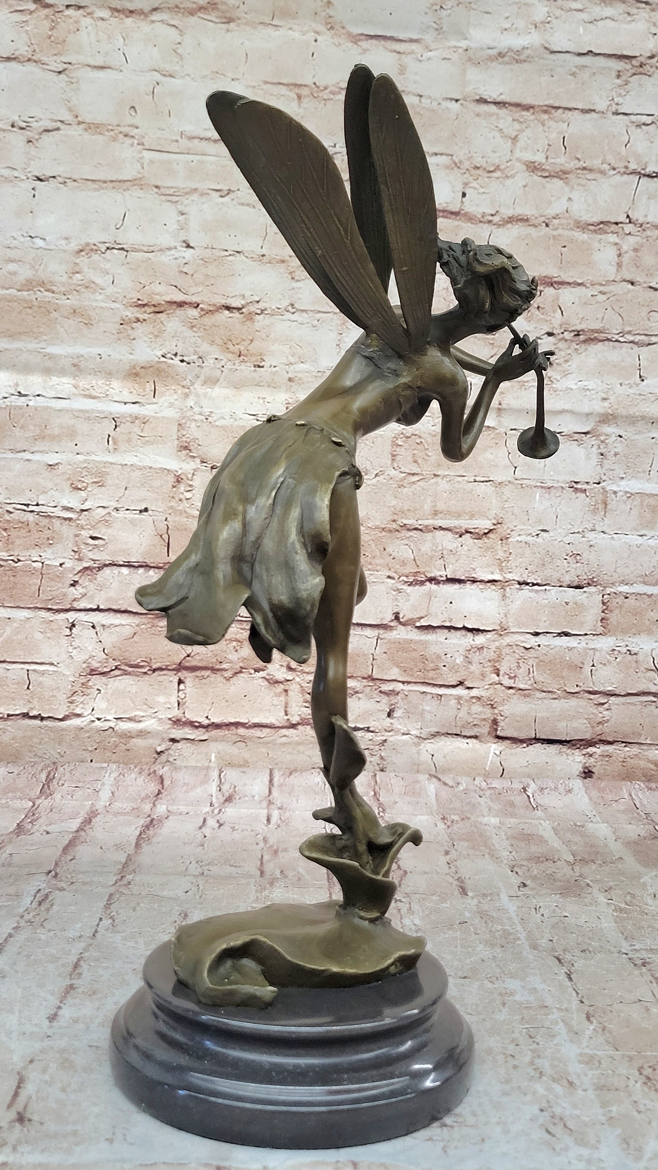 Trumpeting Winged Angel Fairy Garden Bronze Sculpture 15" x 10"