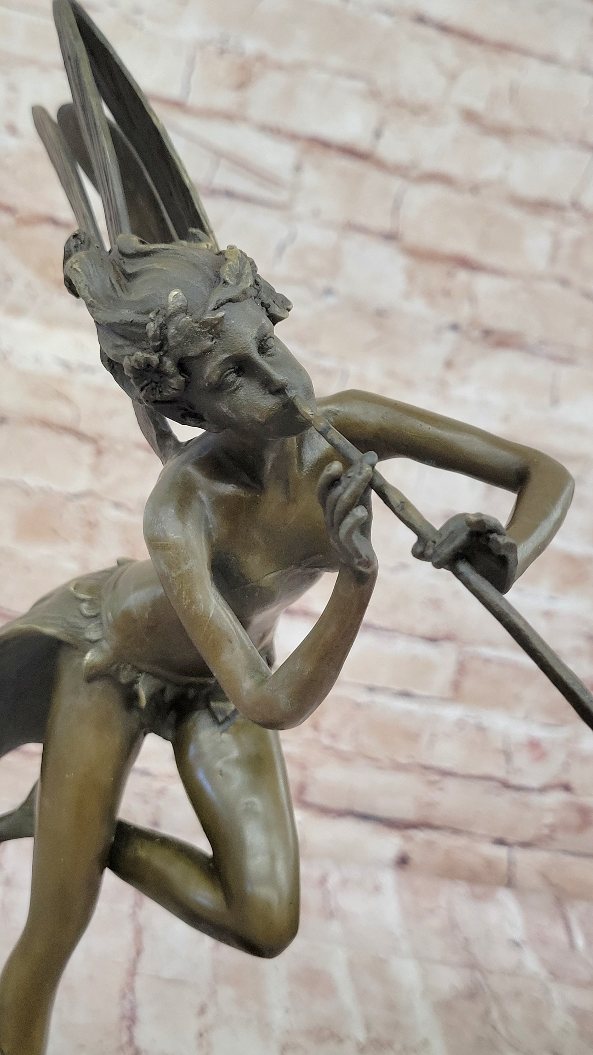 Trumpeting Winged Angel Fairy Garden Bronze Sculpture 15" x 10"