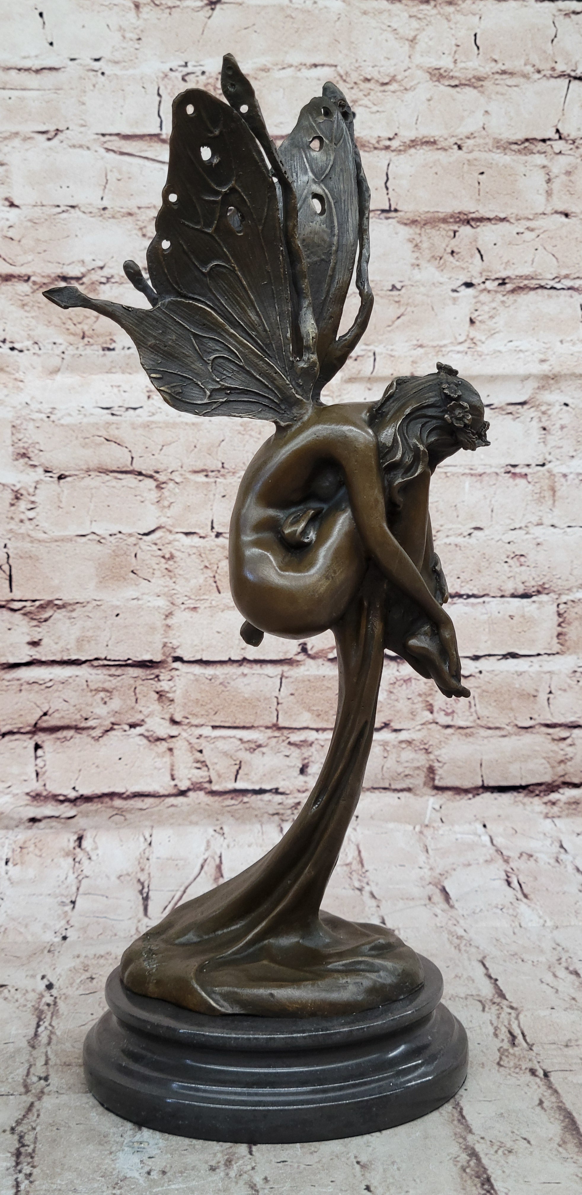 Sleeping Winged Fairy Angel Nymph Bronze Sculpture 15.5" x 6"