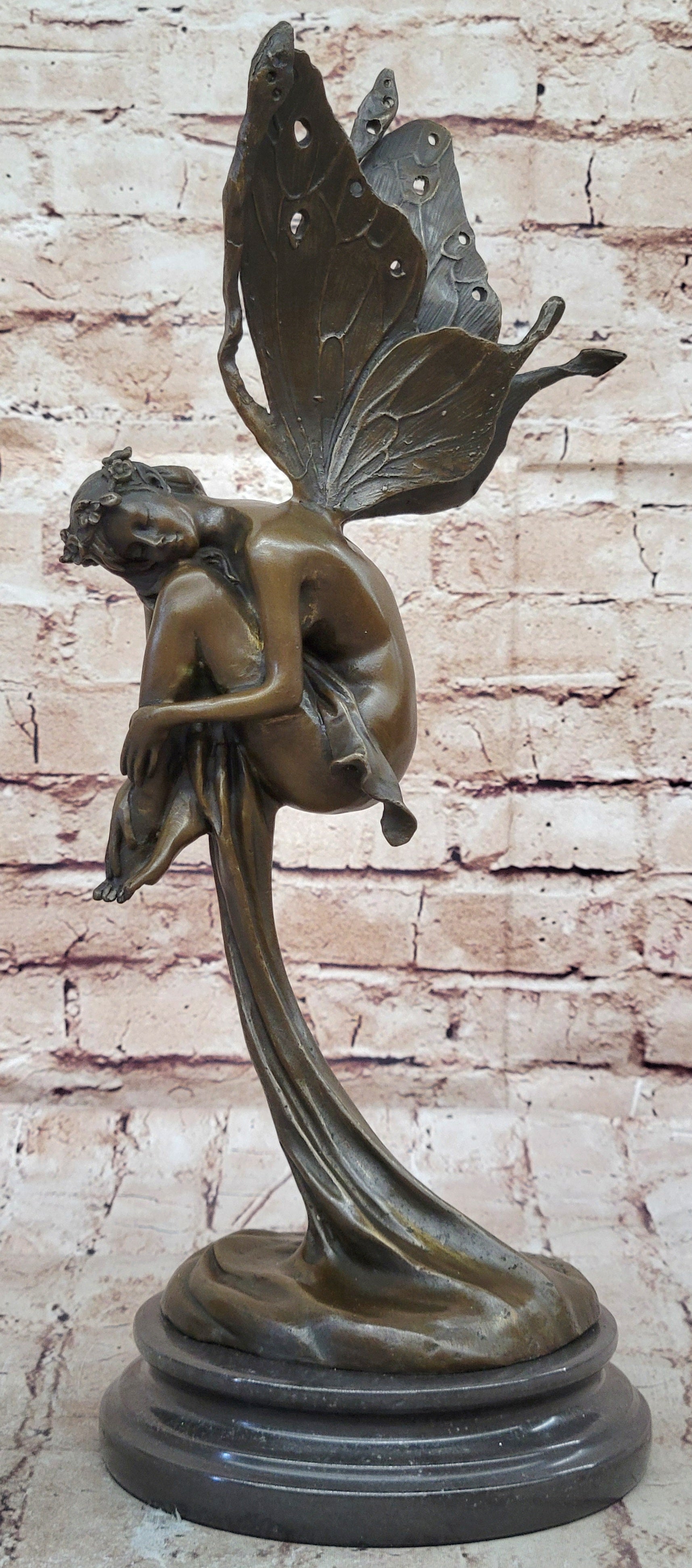 Sleeping Winged Fairy Angel Nymph Bronze Sculpture 15.5" x 6"