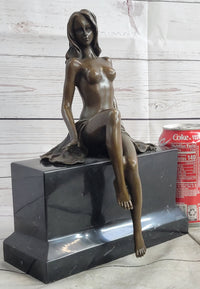 Nude Figure of Girl Sitting on Black marble Base Bronze Statue Sculpture Original Art 10.5" x 8"