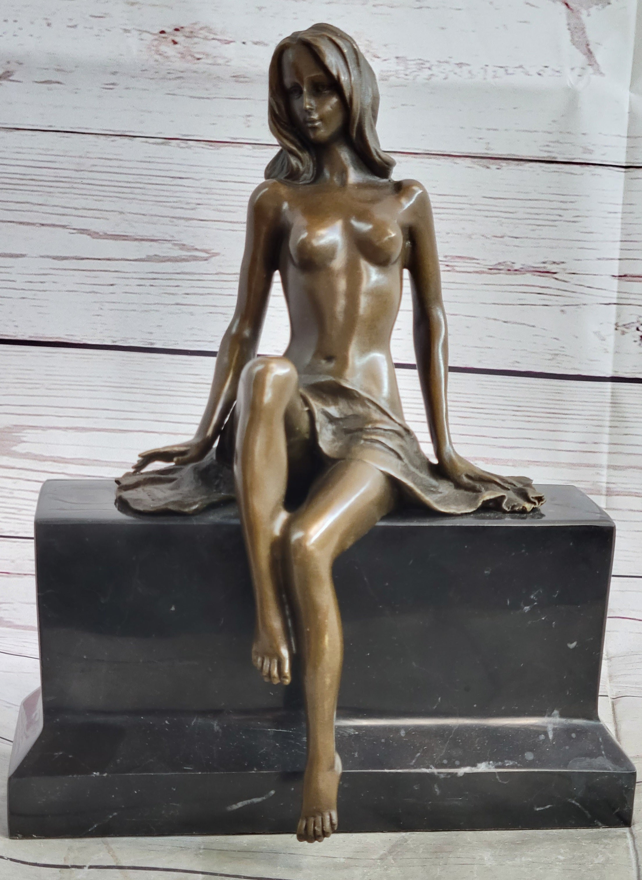 Nude Figure of Girl Sitting on Black marble Base Bronze Statue Sculpture Original Art 10.5" x 8"