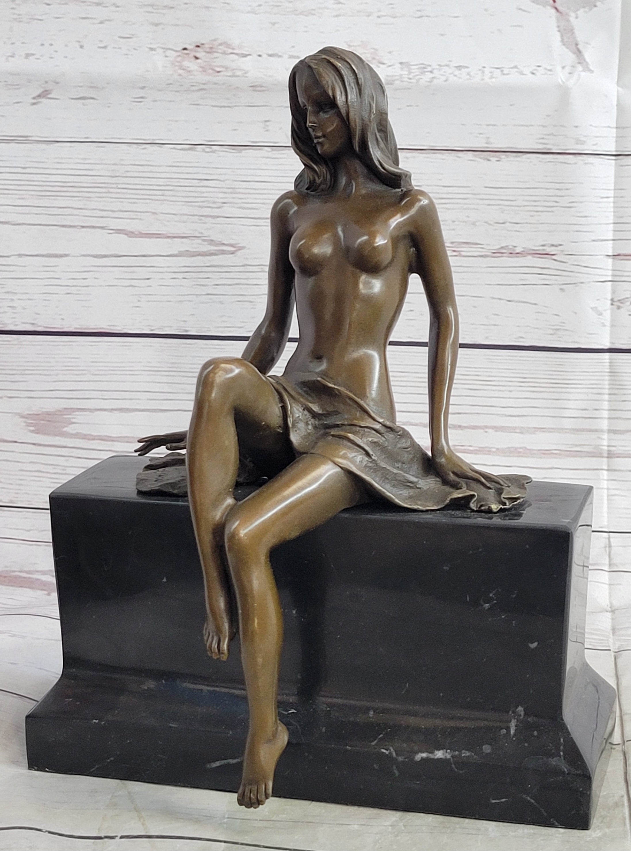 Nude Figure of Girl Sitting on Black marble Base Bronze Statue Sculpture Original Art 10.5" x 8"