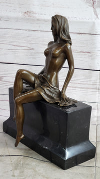 Nude Figure of Girl Sitting on Black marble Base Bronze Statue Sculpture Original Art 10.5" x 8"