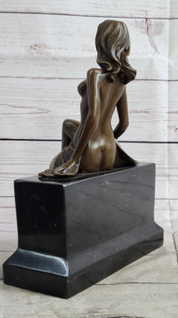 Nude Figure of Girl Sitting on Black marble Base Bronze Statue Sculpture Original Art 10.5" x 8"