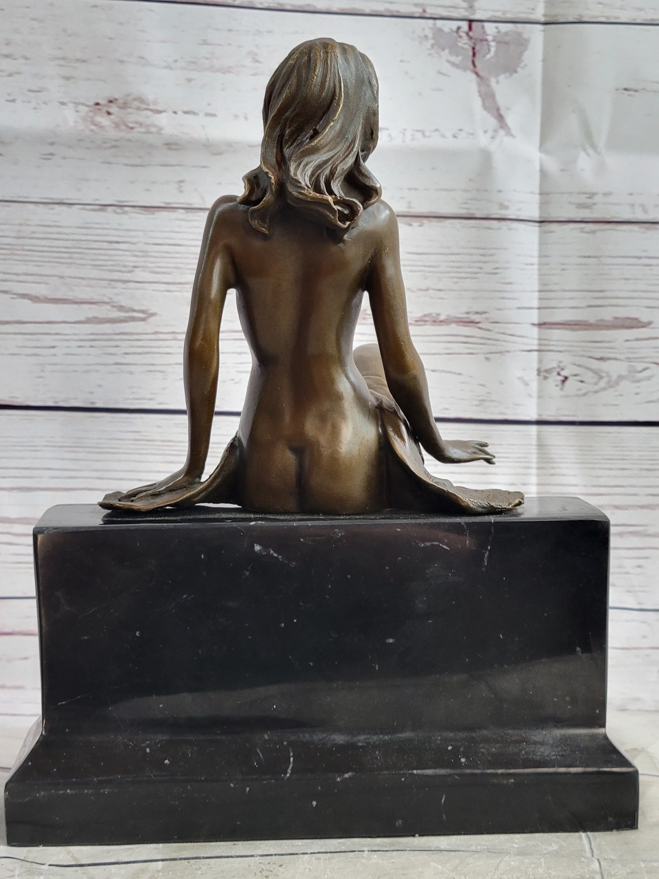 Nude Figure of Girl Sitting on Black marble Base Bronze Statue Sculpture Original Art 10.5" x 8"