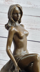 Nude Figure of Girl Sitting on Black marble Base Bronze Statue Sculpture Original Art 10.5" x 8"