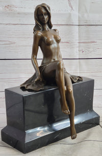 Nude Figure of Girl Sitting on Black marble Base Bronze Statue Sculpture Original Art 10.5" x 8"
