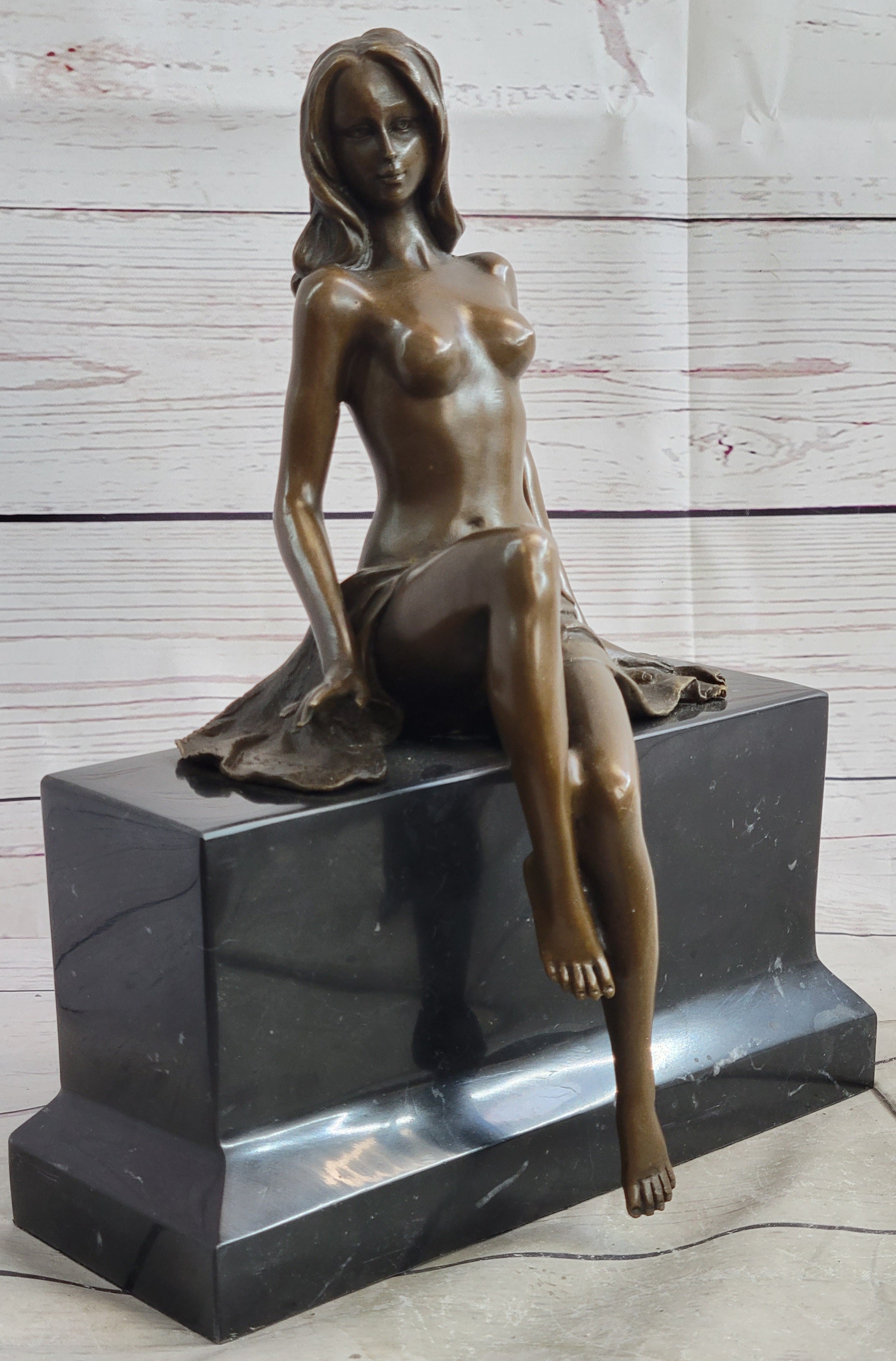 Nude Figure of Girl Sitting on Black marble Base Bronze Statue Sculpture Original Art 10.5" x 8"