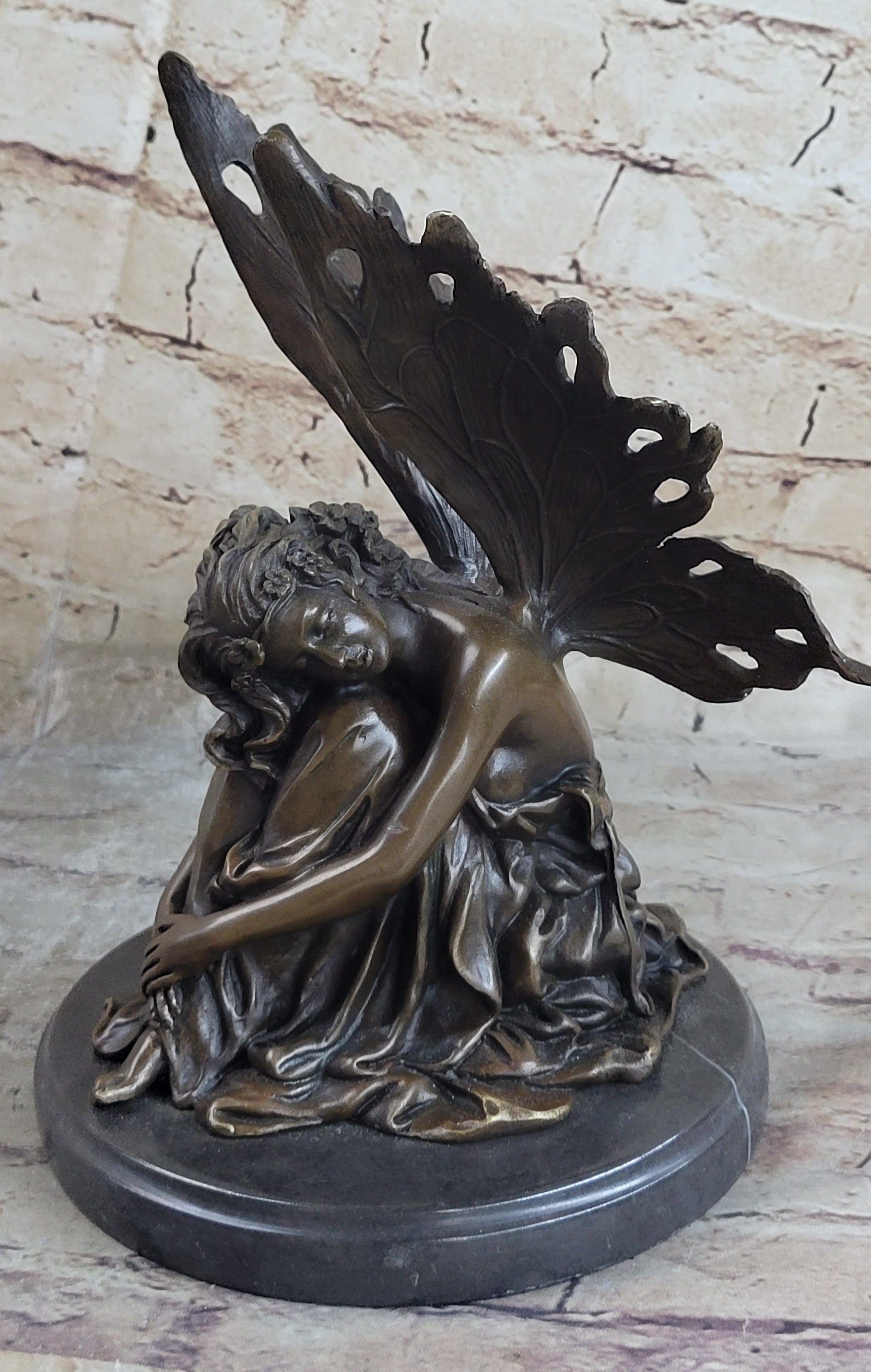 Sleeping Fairy Winged Angel Girl Bronze Sculpture 9.5" x 6.5"