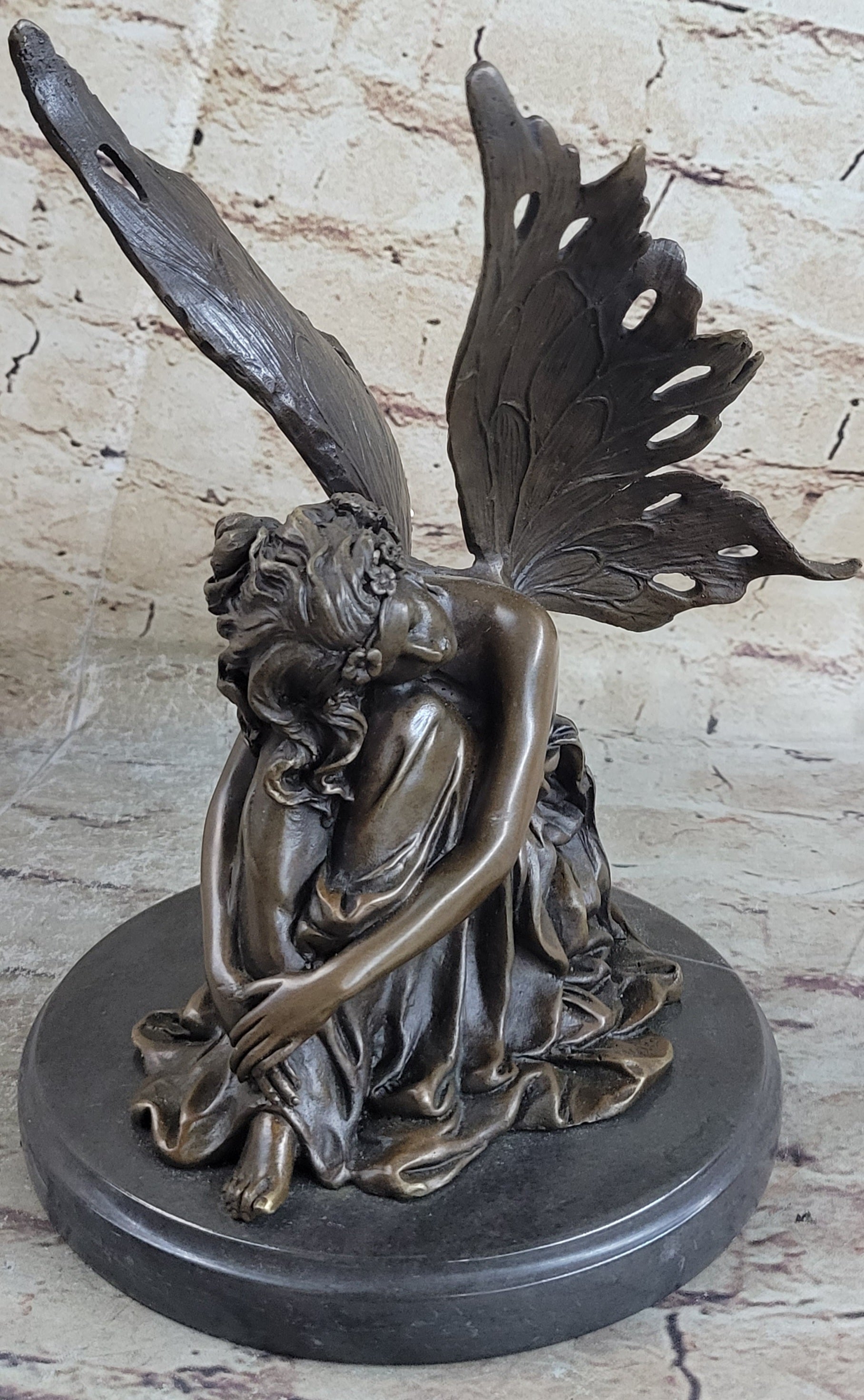 Sleeping Fairy Winged Angel Girl Bronze Sculpture 9.5" x 6.5"