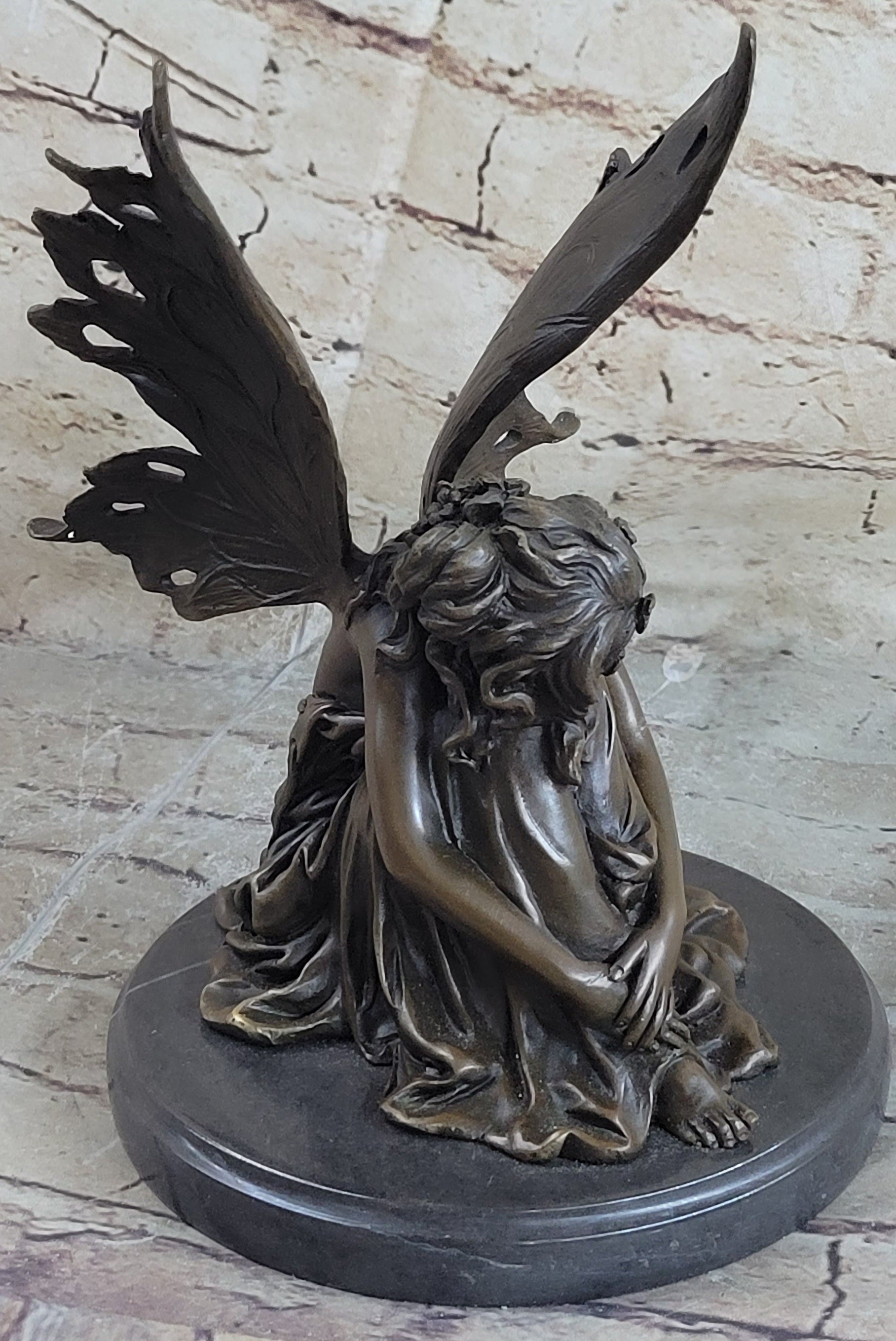 Sleeping Fairy Winged Angel Girl Bronze Sculpture 9.5" x 6.5"