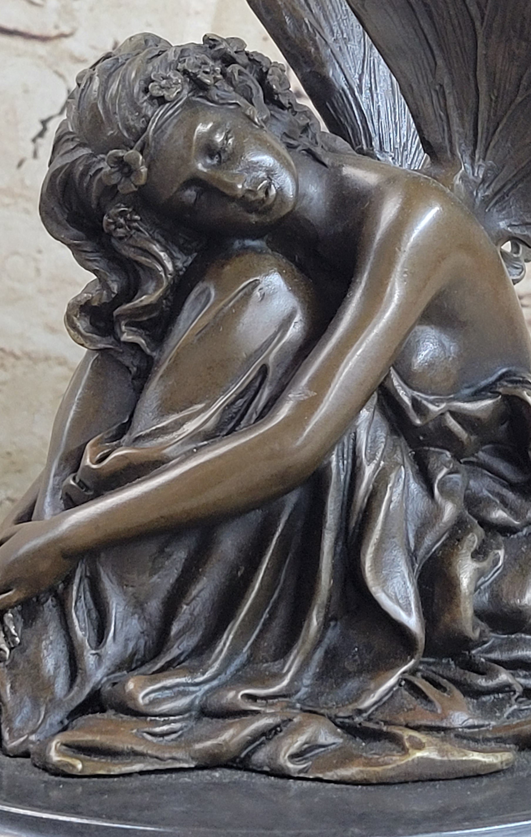 Sleeping Fairy Winged Angel Girl Bronze Sculpture 9.5" x 6.5"