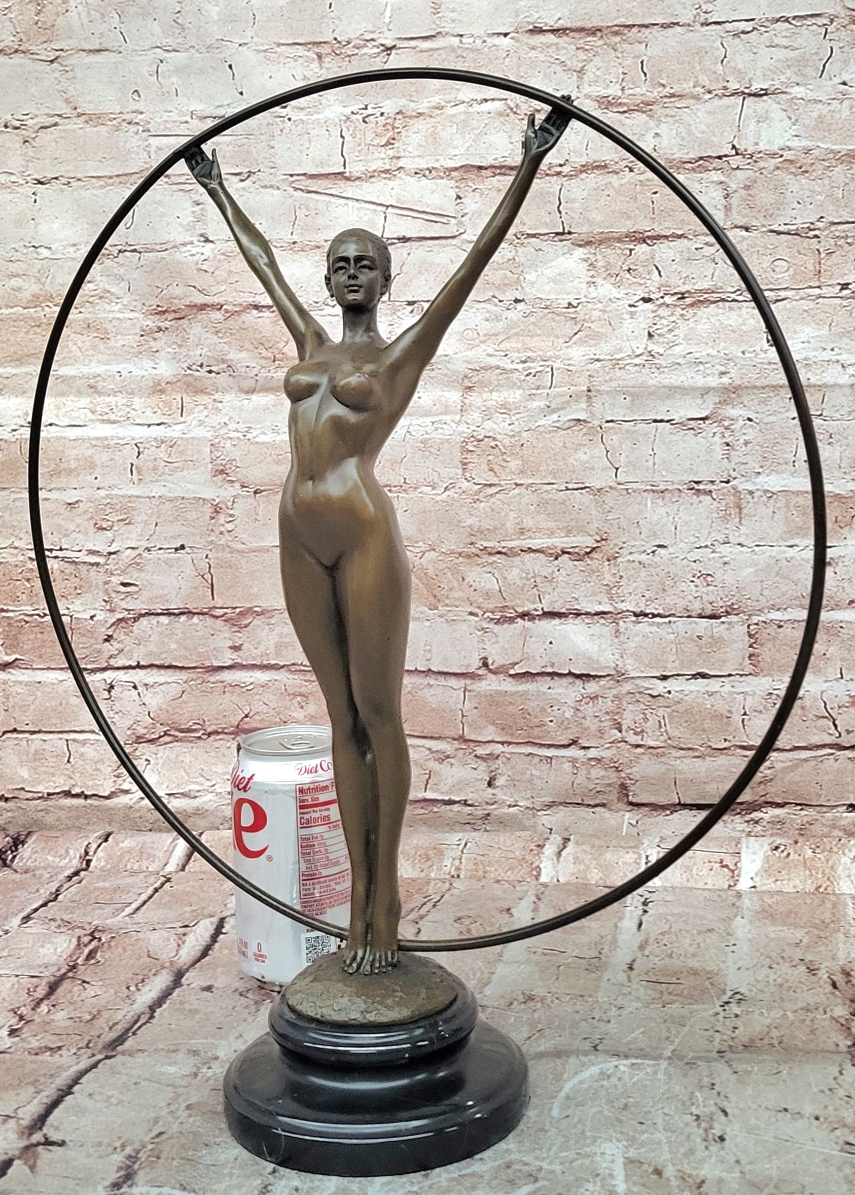 Art Nouveau Bronze Gymnast Sculpture: Woman with Hoop on Marble Base