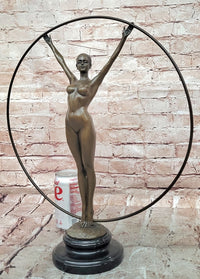 Art Nouveau Bronze Gymnast Sculpture: Woman with Hoop on Marble Base