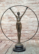 Art Nouveau Bronze Gymnast Sculpture: Woman with Hoop on Marble Base