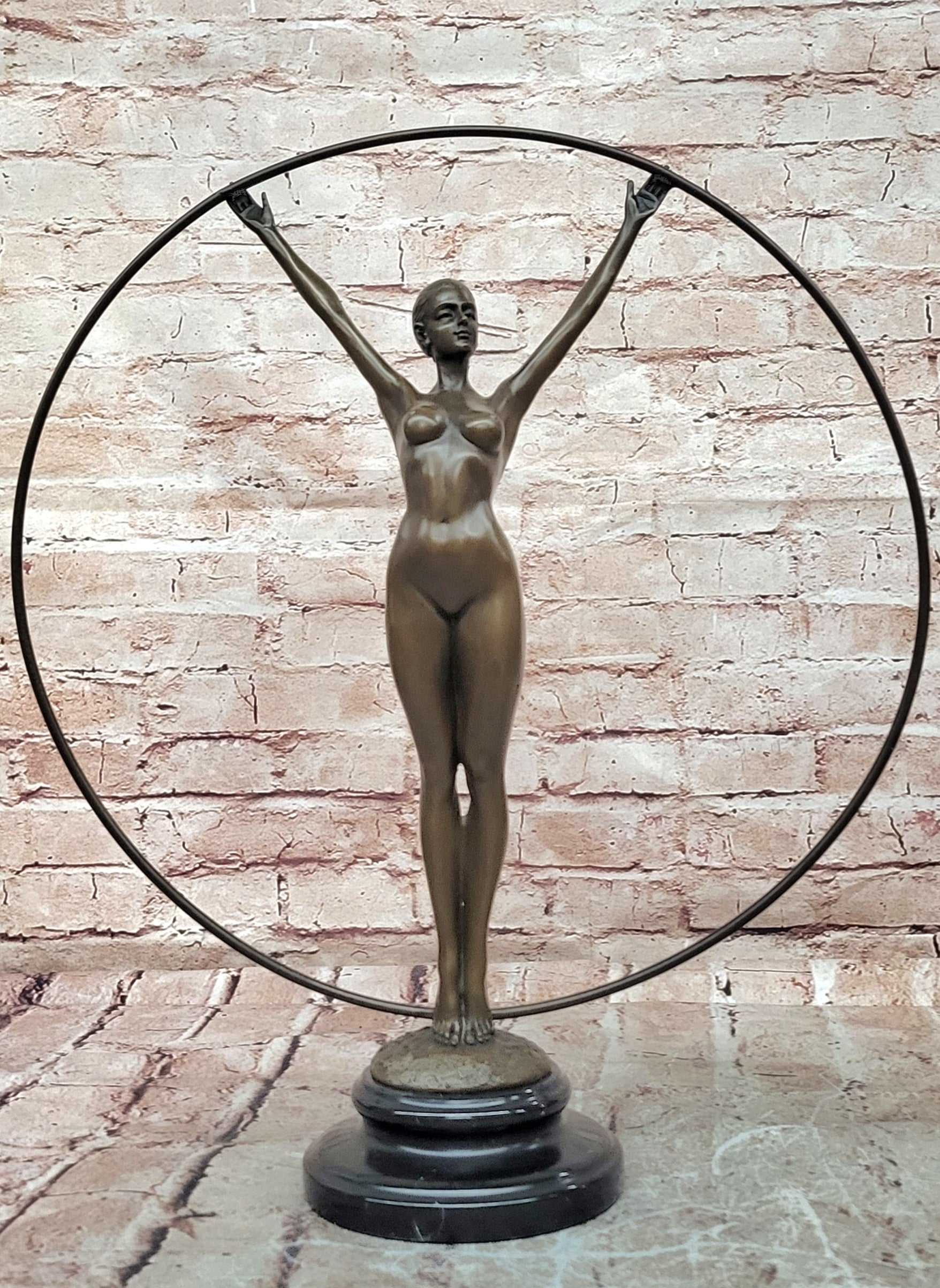 Art Nouveau Bronze Gymnast Sculpture: Woman with Hoop on Marble Base