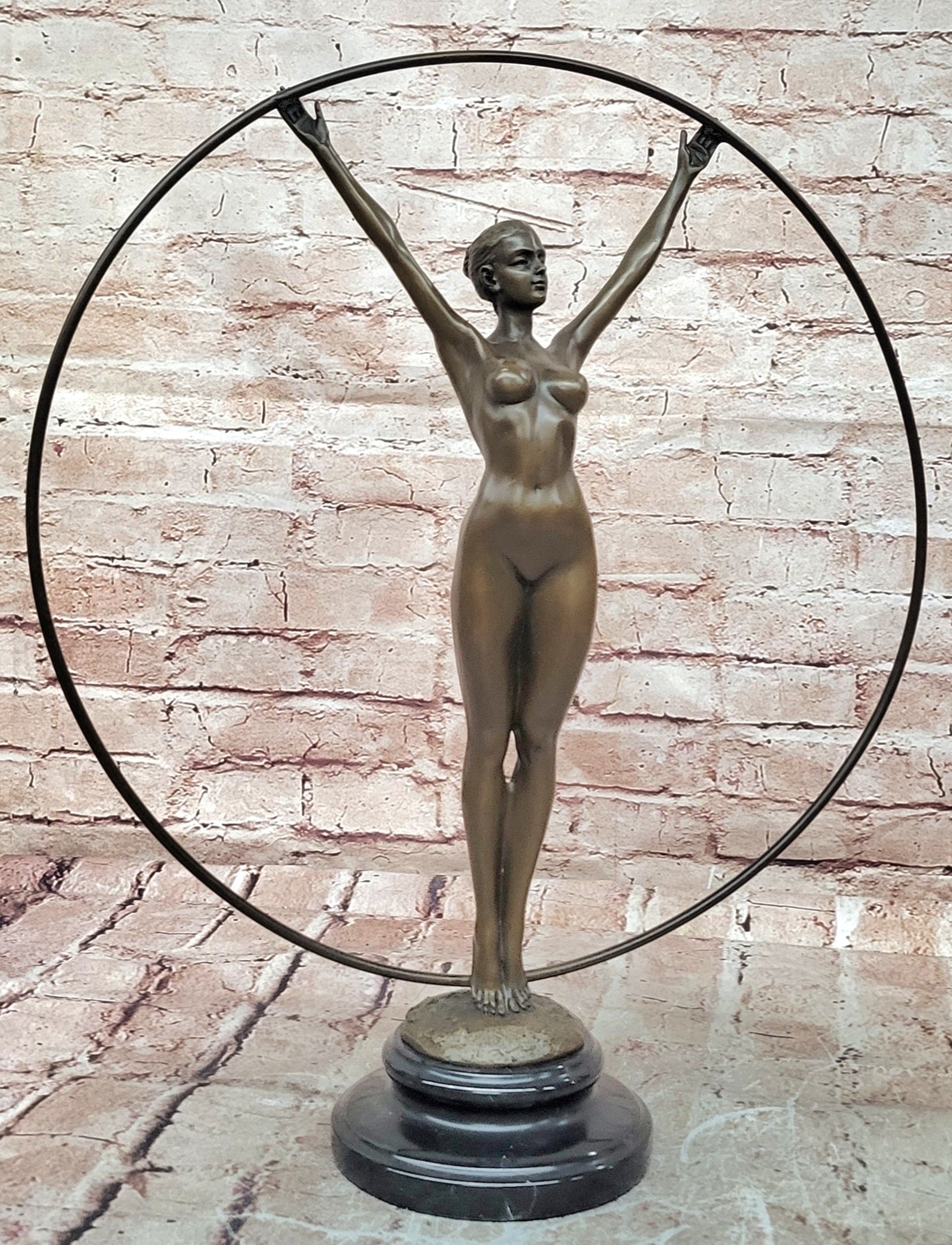 Art Nouveau Bronze Gymnast Sculpture: Woman with Hoop on Marble Base