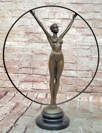 Art Nouveau Bronze Gymnast Sculpture: Woman with Hoop on Marble Base