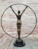 Art Nouveau Bronze Gymnast Sculpture: Woman with Hoop on Marble Base