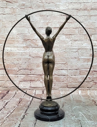 Art Nouveau Bronze Gymnast Sculpture: Woman with Hoop on Marble Base