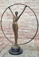 Art Nouveau Bronze Gymnast Sculpture: Woman with Hoop on Marble Base