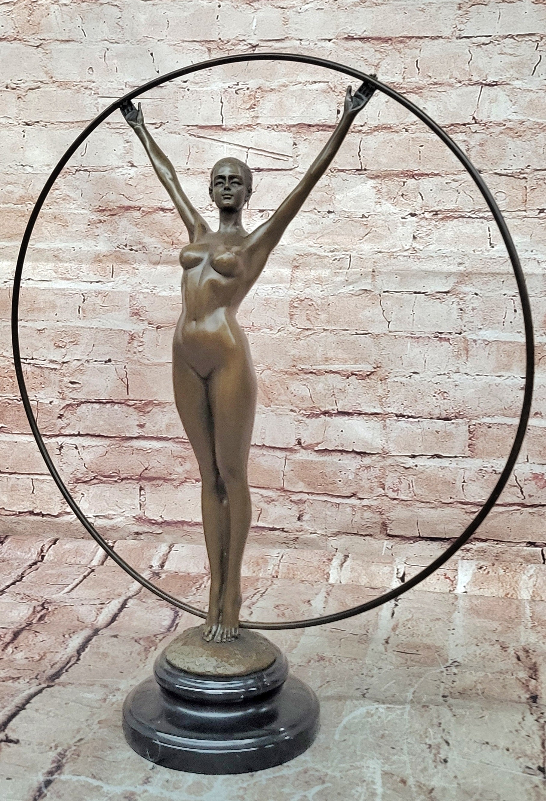 Art Nouveau Bronze Gymnast Sculpture: Woman with Hoop on Marble Base