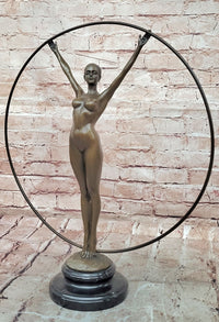 Art Nouveau Bronze Gymnast Sculpture: Woman with Hoop on Marble Base