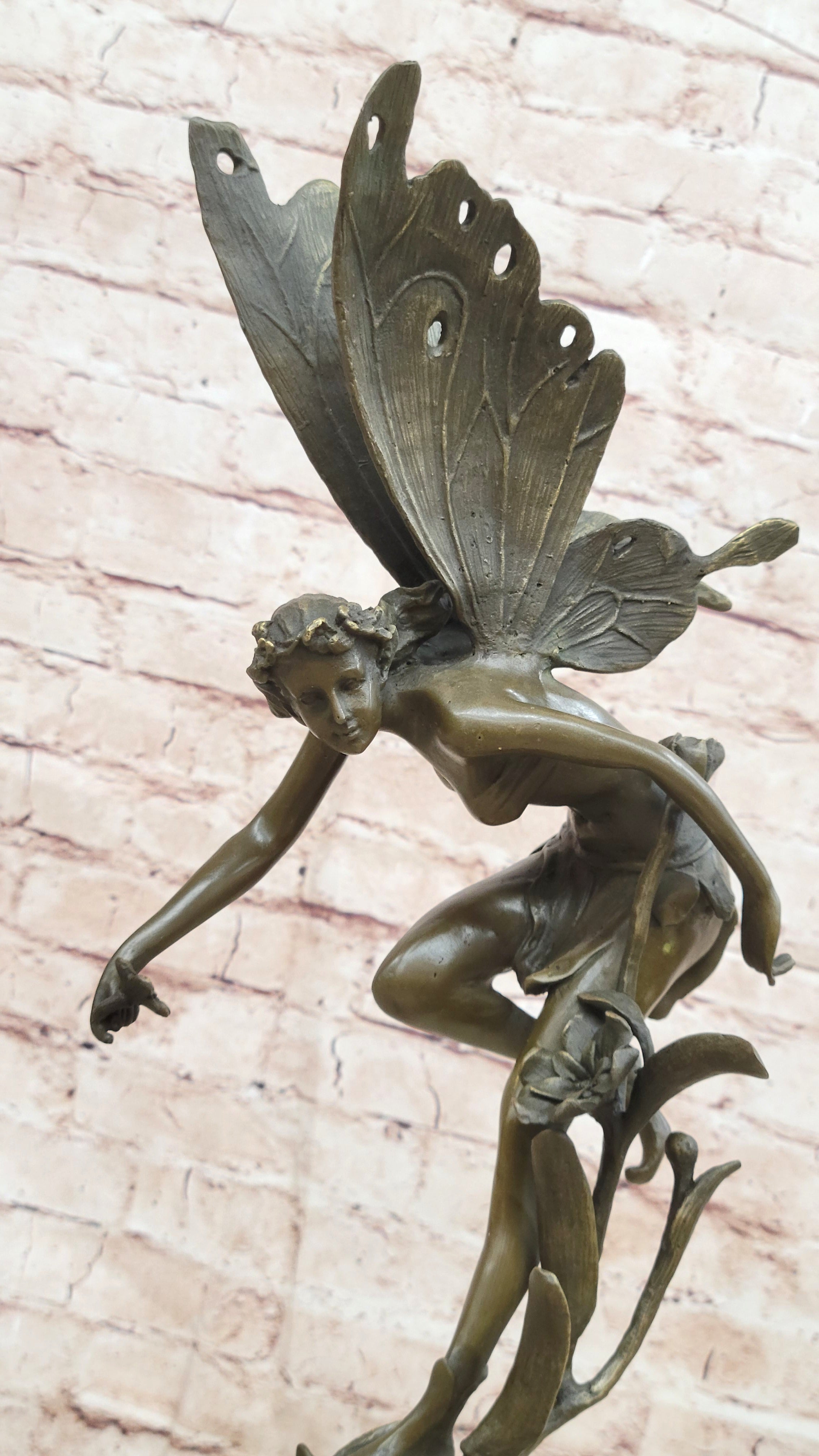 Mythical Fairy Nymph Flower Floral Scene Bronze Statue Sculpture Marble Base Art 19" x 7"