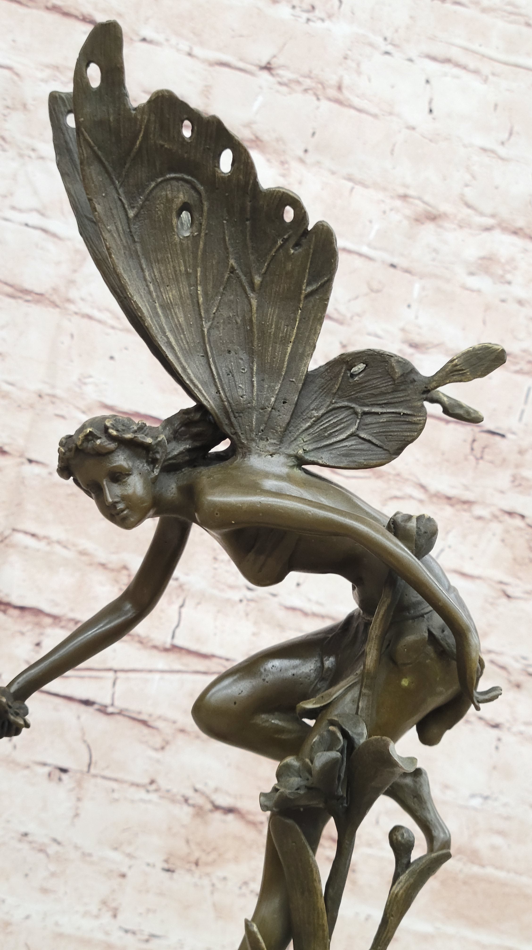 Mythical Fairy Nymph Flower Floral Scene Bronze Statue Sculpture Marble Base Art 19" x 7"