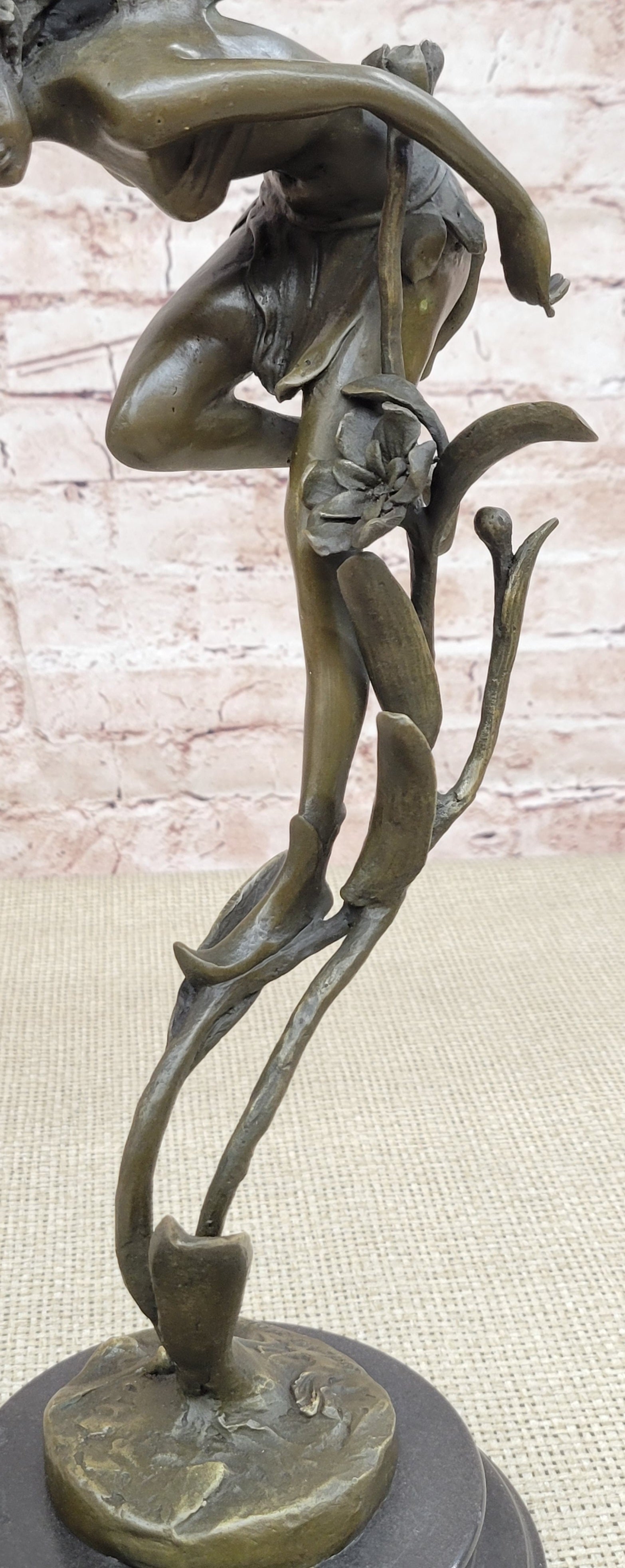 Mythical Fairy Nymph Flower Floral Scene Bronze Statue Sculpture Marble Base Art 19" x 7"