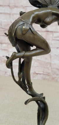 Mythical Fairy Nymph Flower Floral Scene Bronze Statue Sculpture Marble Base Art 19" x 7"