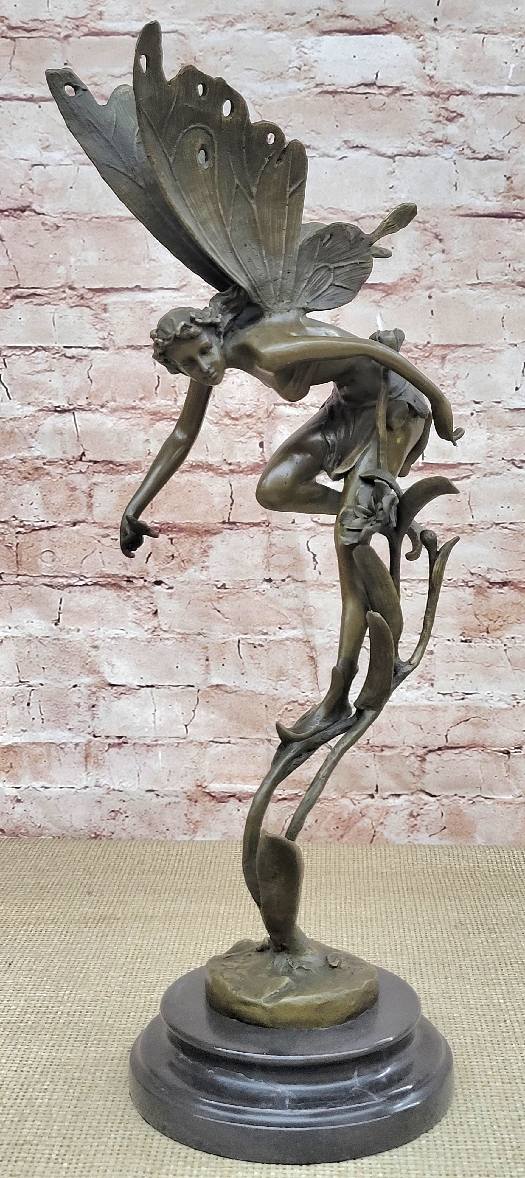Mythical Fairy Nymph Flower Floral Scene Bronze Statue Sculpture Marble Base Art 19" x 7"