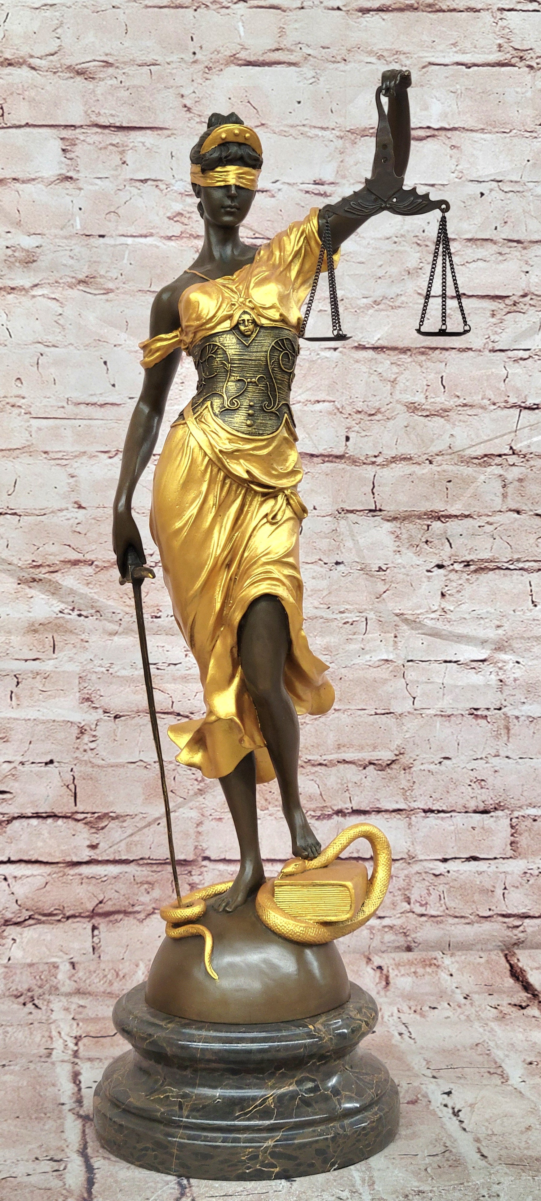 Blind Justice Gold Patina Themis, the Goddess of Justice by Mayer Bronze Sculpture