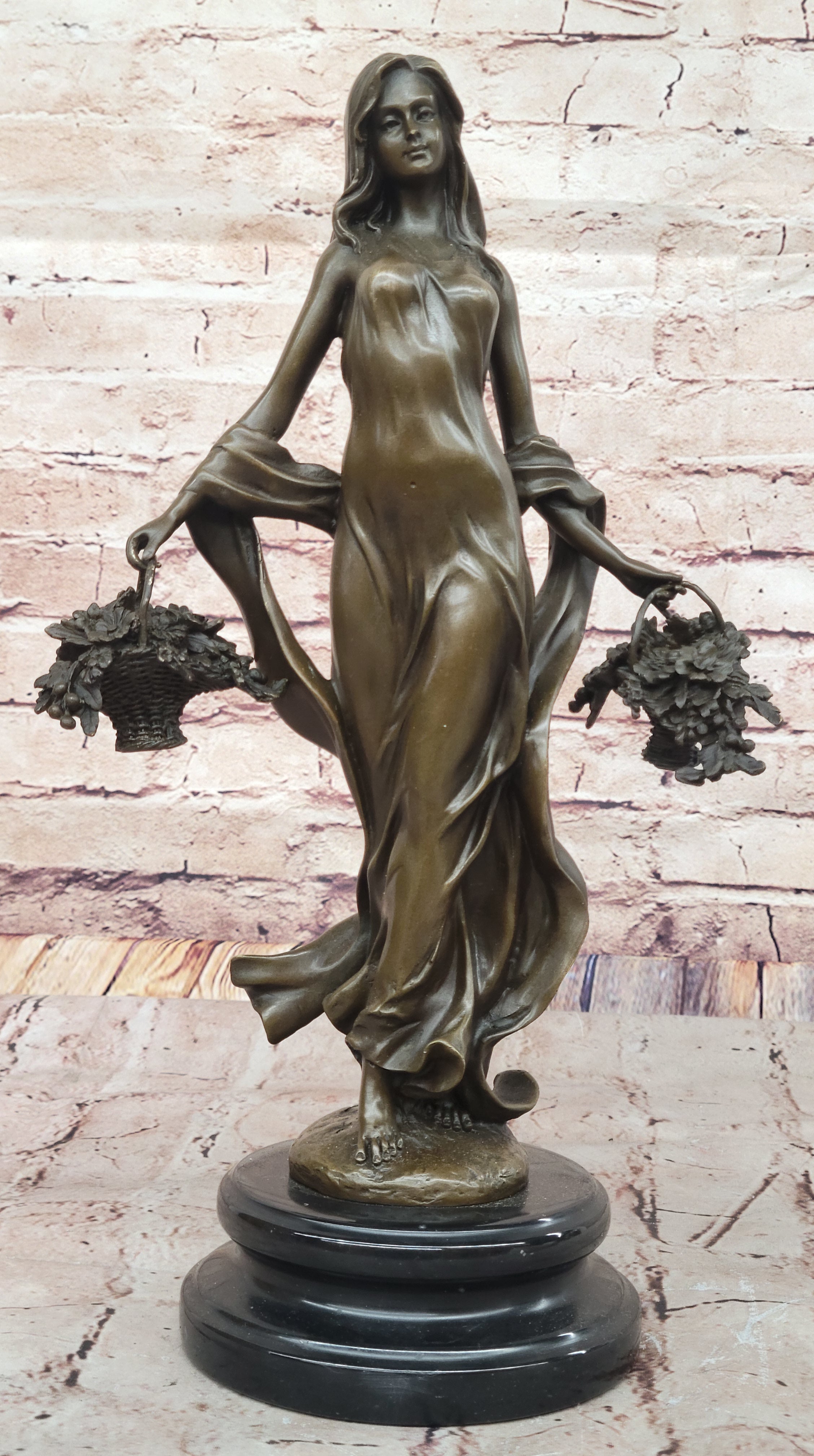 Young Woman Holding Baskets of Flowers & Grapes Bronze Sculpture