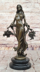 Young Woman Holding Baskets of Flowers & Grapes Bronze Sculpture