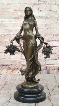 Young Woman Holding Baskets of Flowers & Grapes Bronze Sculpture