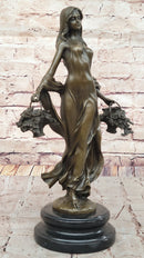 Young Woman Holding Baskets of Flowers & Grapes Bronze Sculpture