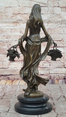 Young Woman Holding Baskets of Flowers & Grapes Bronze Sculpture