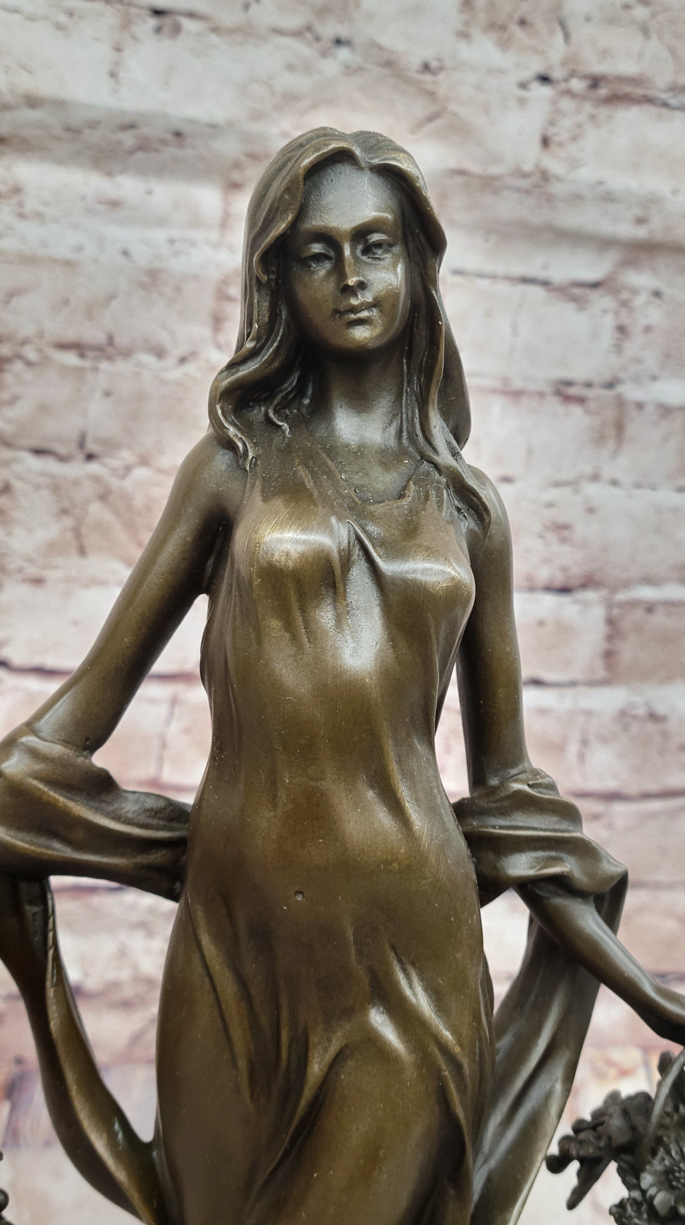 Young Woman Holding Baskets of Flowers & Grapes Bronze Sculpture