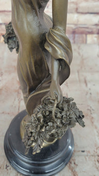 Young Woman Holding Baskets of Flowers & Grapes Bronze Sculpture