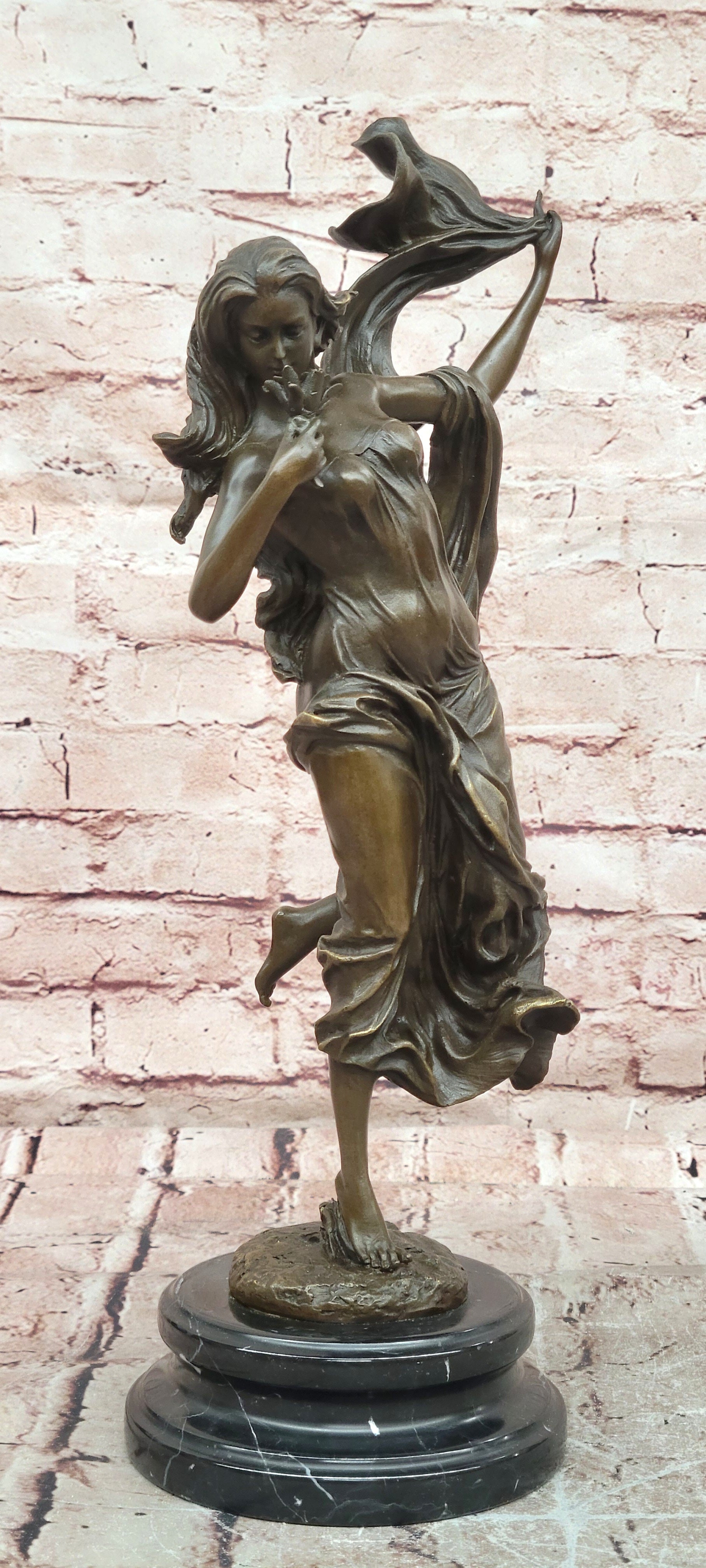 Flower Young Girl Statue Sculpture Hot Cast Bronze Marble Base Art Classy Gift