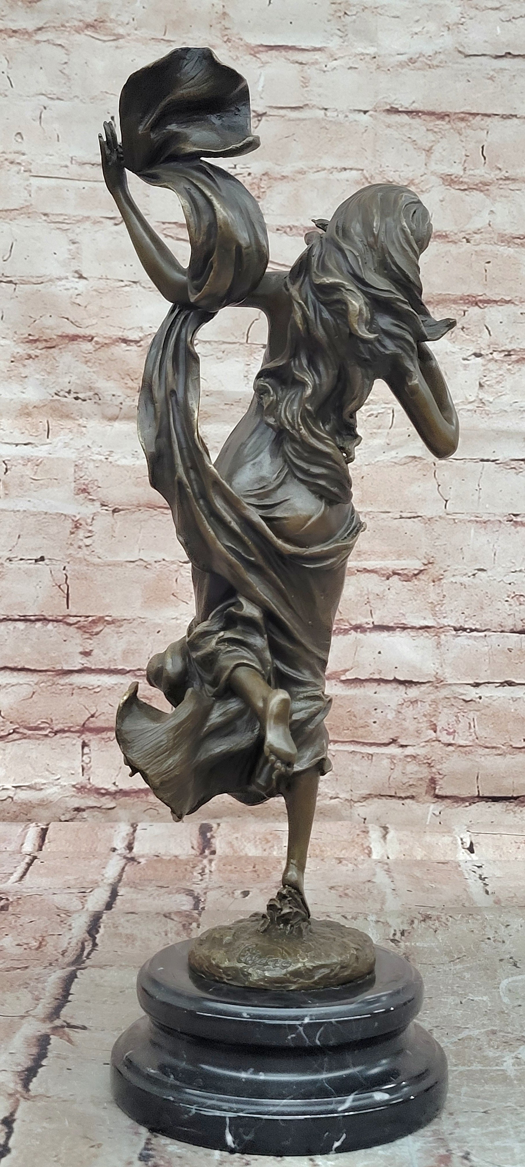 Flower Young Girl Statue Sculpture Hot Cast Bronze Marble Base Art Classy Gift