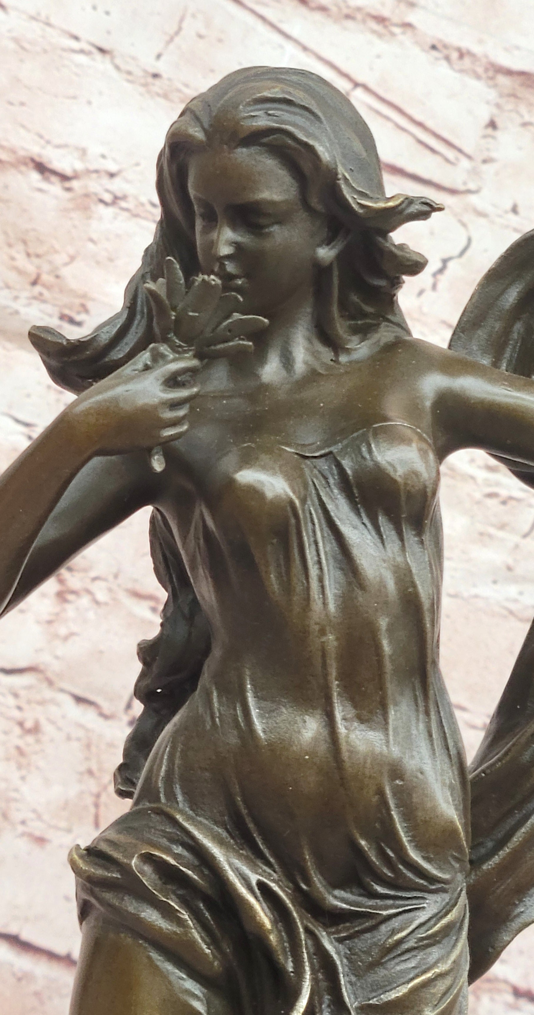Flower Young Girl Statue Sculpture Hot Cast Bronze Marble Base Art Classy Gift