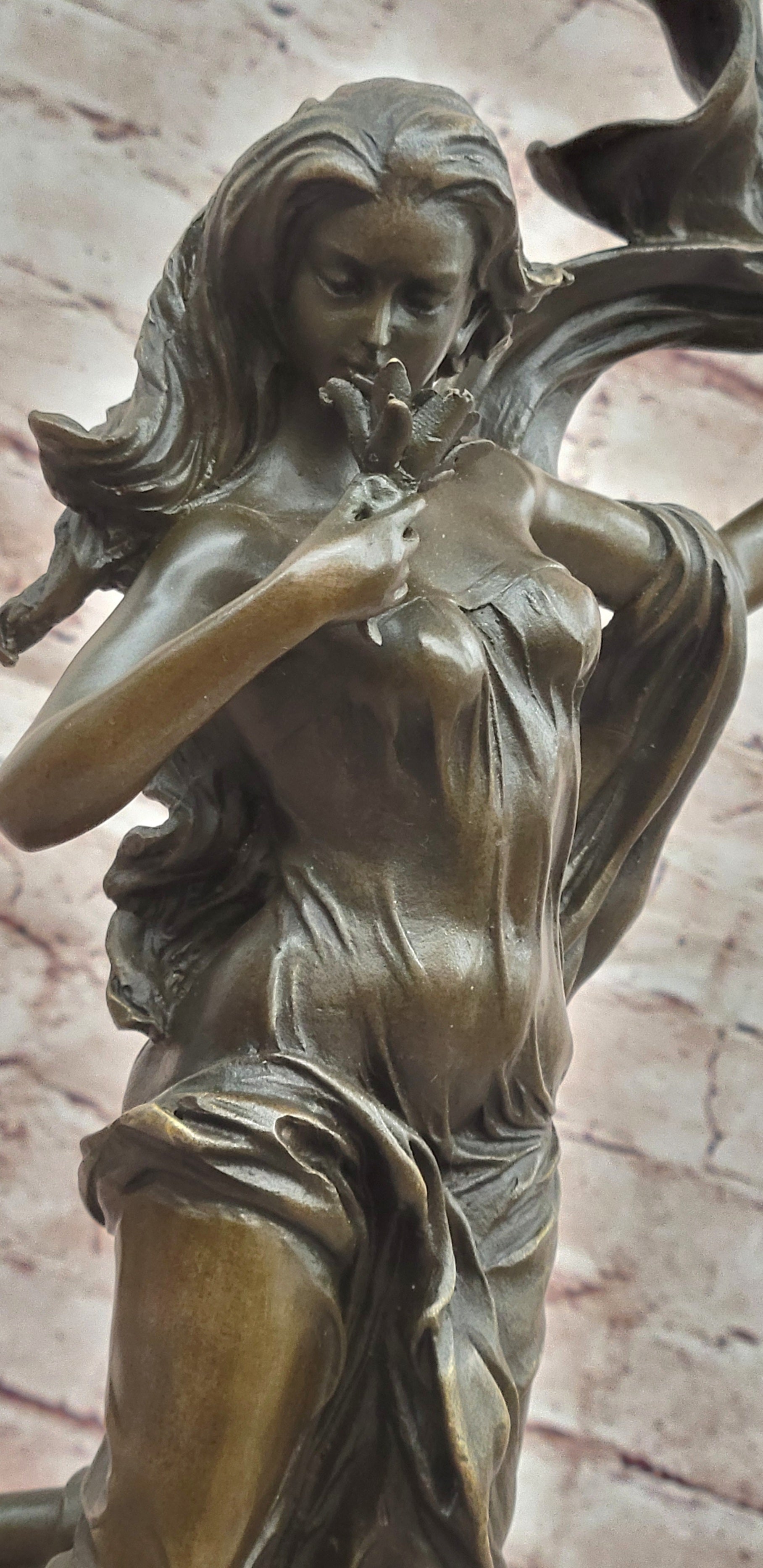 Flower Young Girl Statue Sculpture Hot Cast Bronze Marble Base Art Classy Gift
