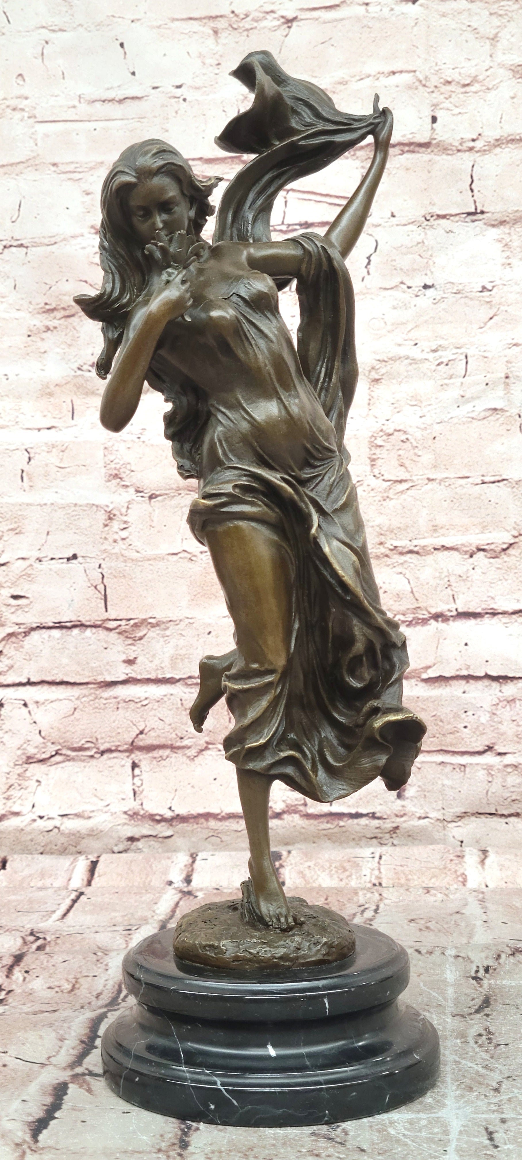 Flower Young Girl Statue Sculpture Hot Cast Bronze Marble Base Art Classy Gift