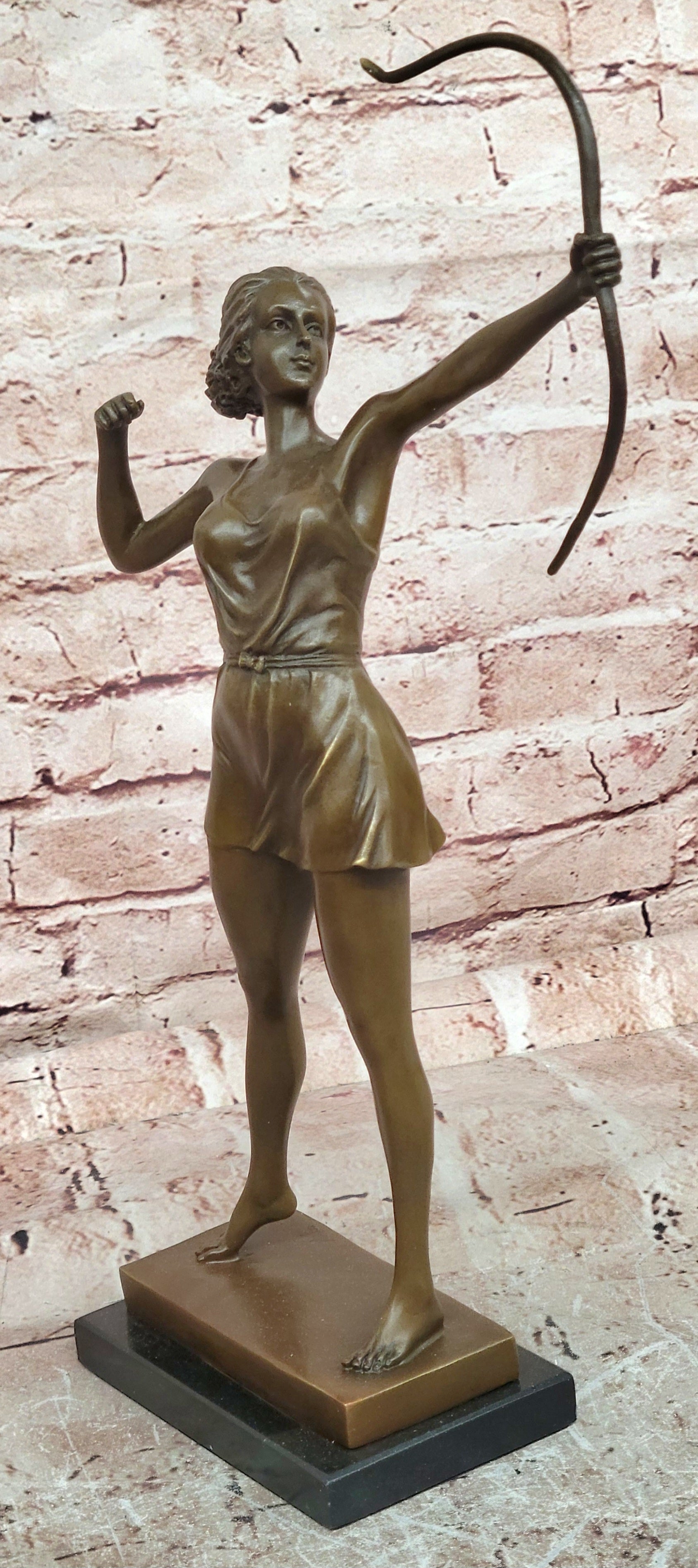 Diana Bronze Sculpture: Mythological Goddess with Bow on Marble Base