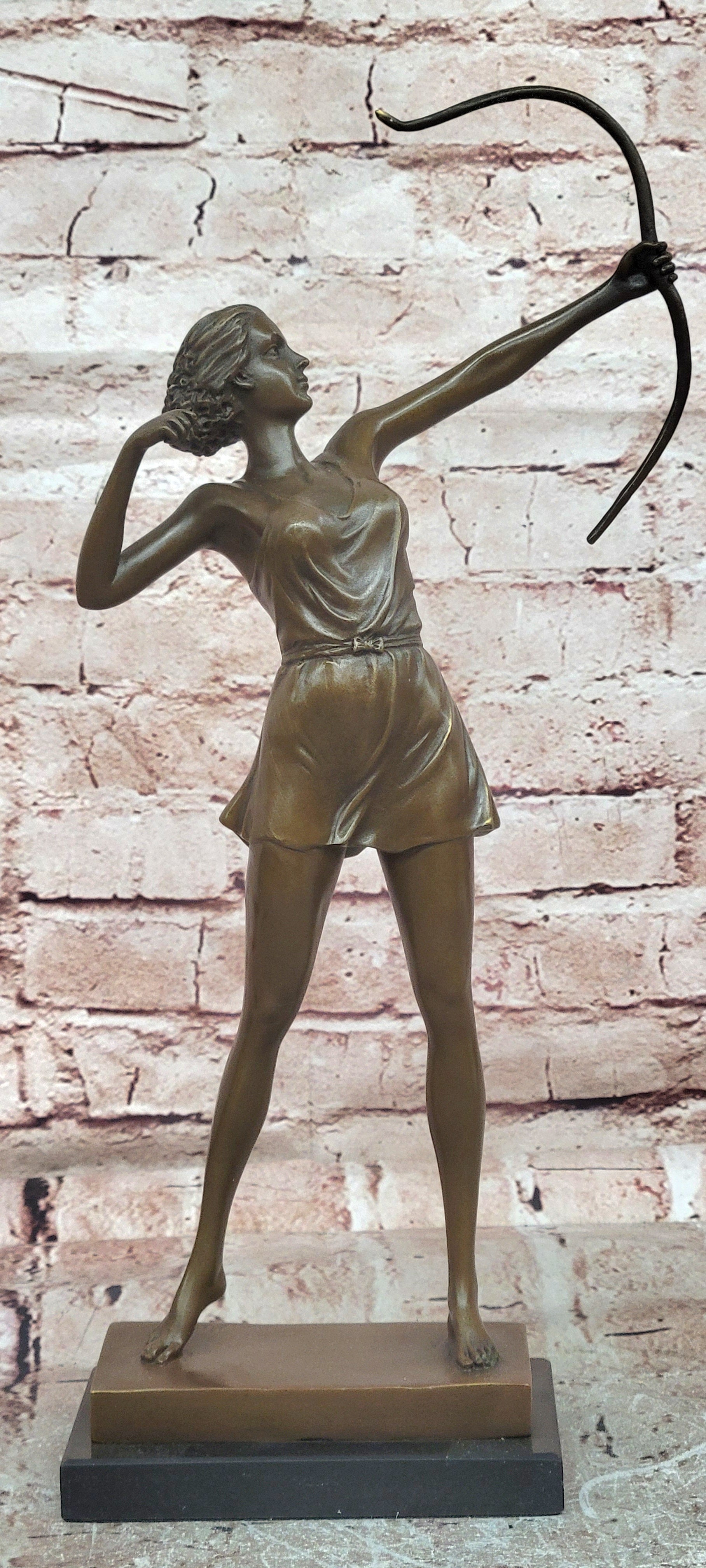 Diana Bronze Sculpture: Mythological Goddess with Bow on Marble Base