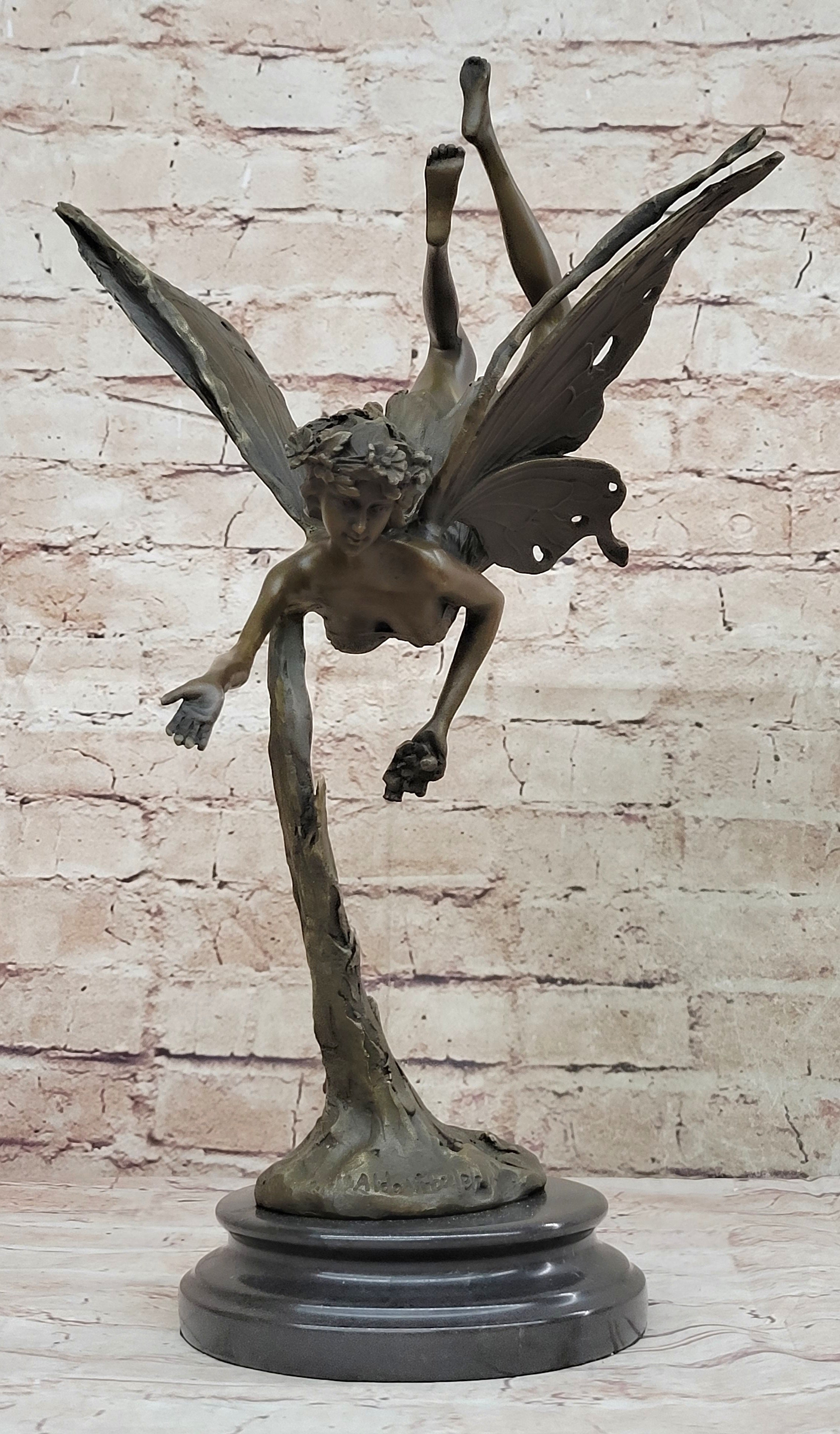 Flying Fairy Winged Angel Bronze Art Deco Sculpture 17" x 10"