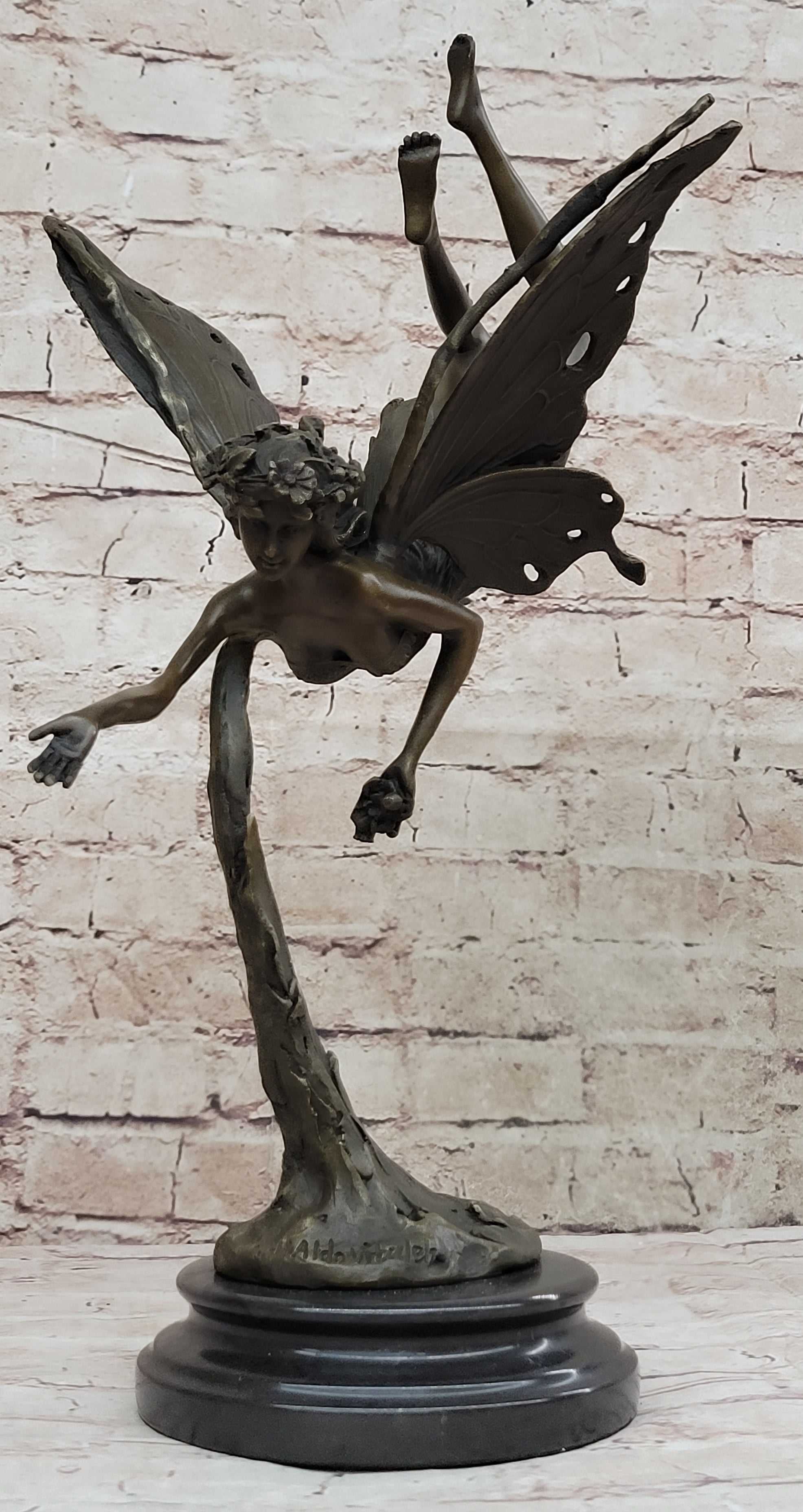 Flying Fairy Winged Angel Bronze Art Deco Sculpture 17" x 10"